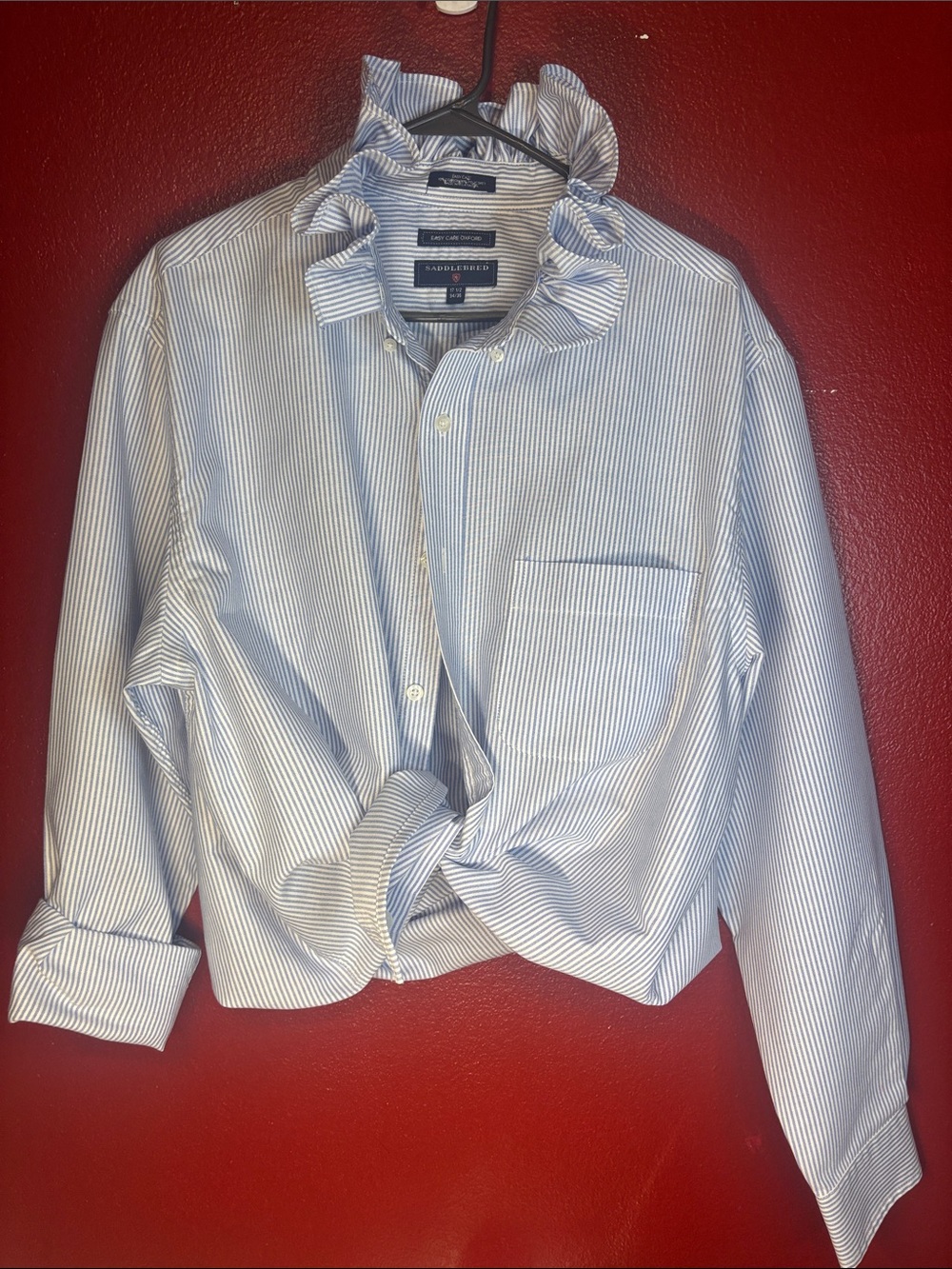 Repurposed/Reloved Saddlebred Blue and White Striped Ruffle-Collar Shirt